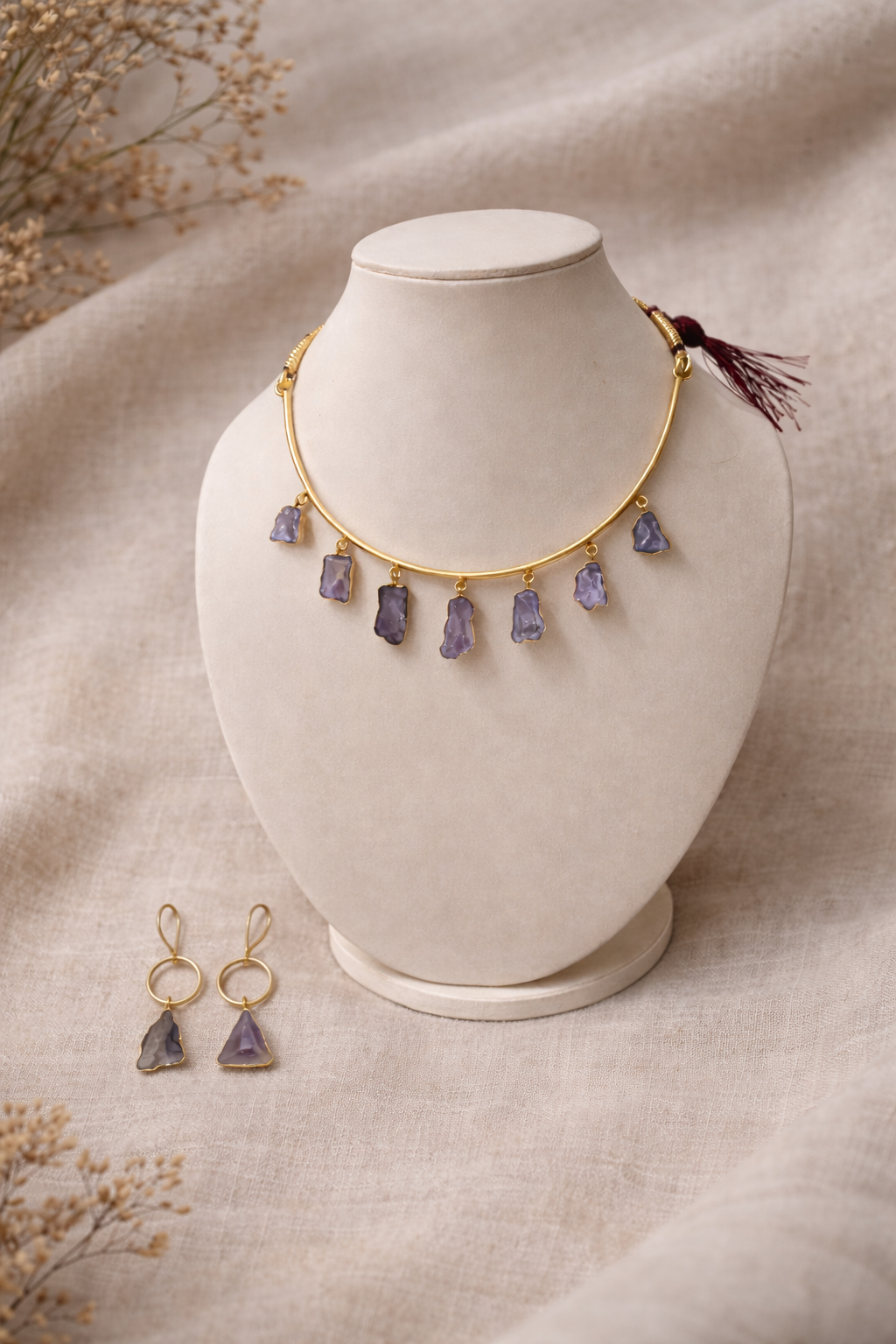 Mystic Raw Amethyst Stone Necklace & Earring Set