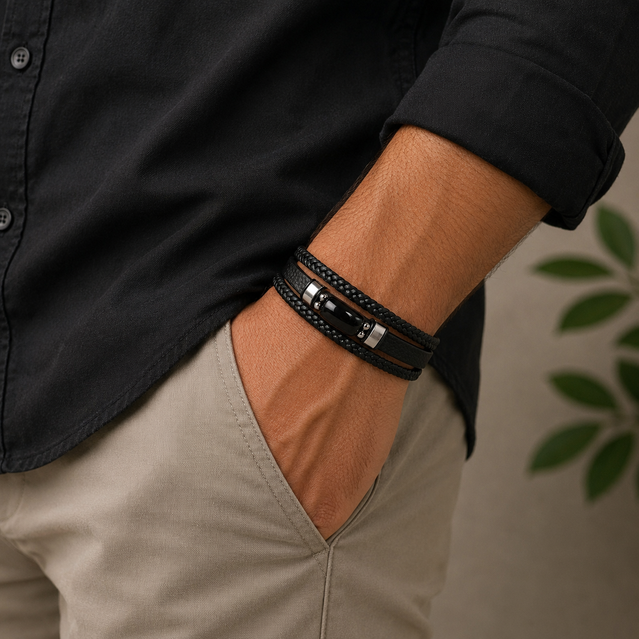 Black Obsidian Leather Bracelet