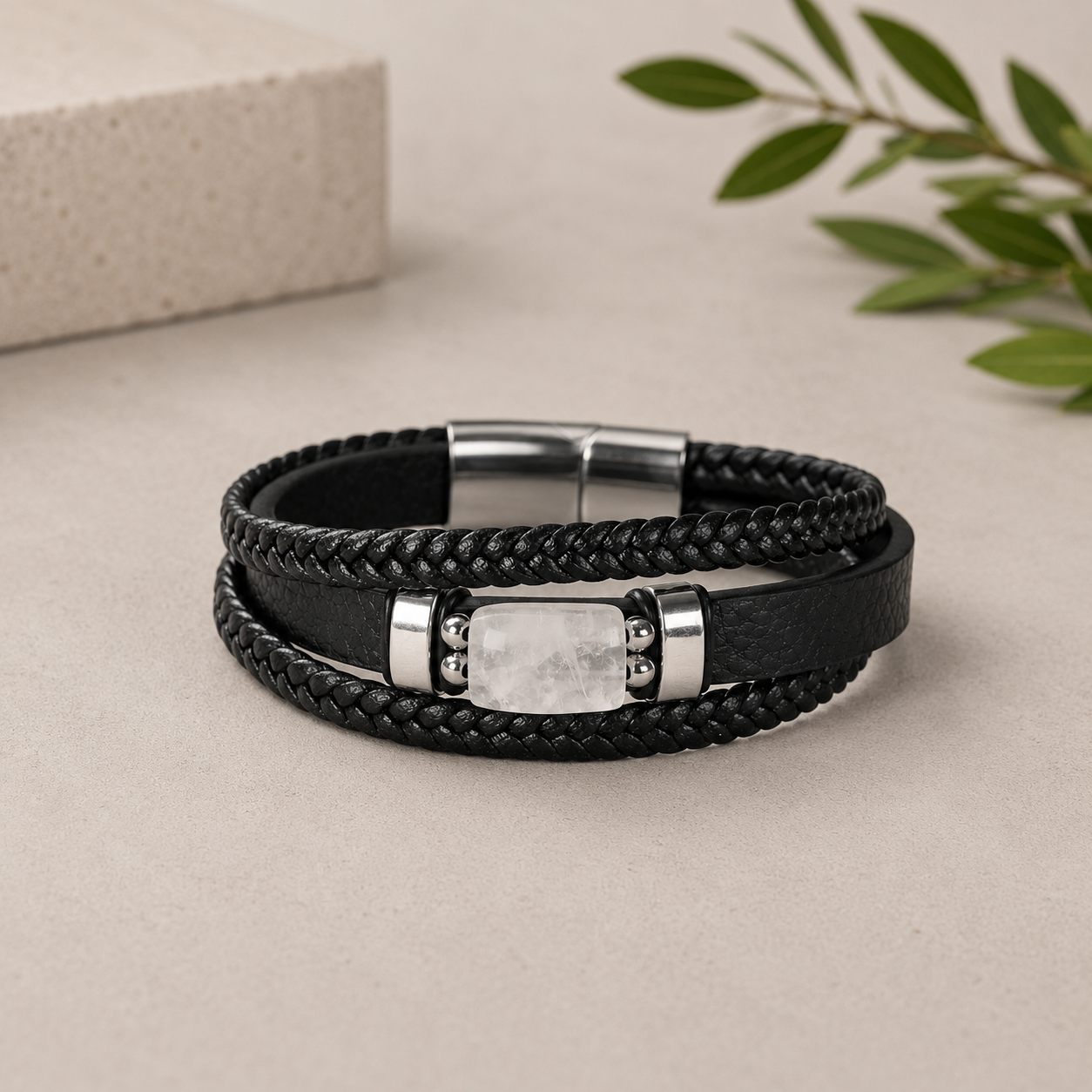 Clear Quartz Leather Bracelet