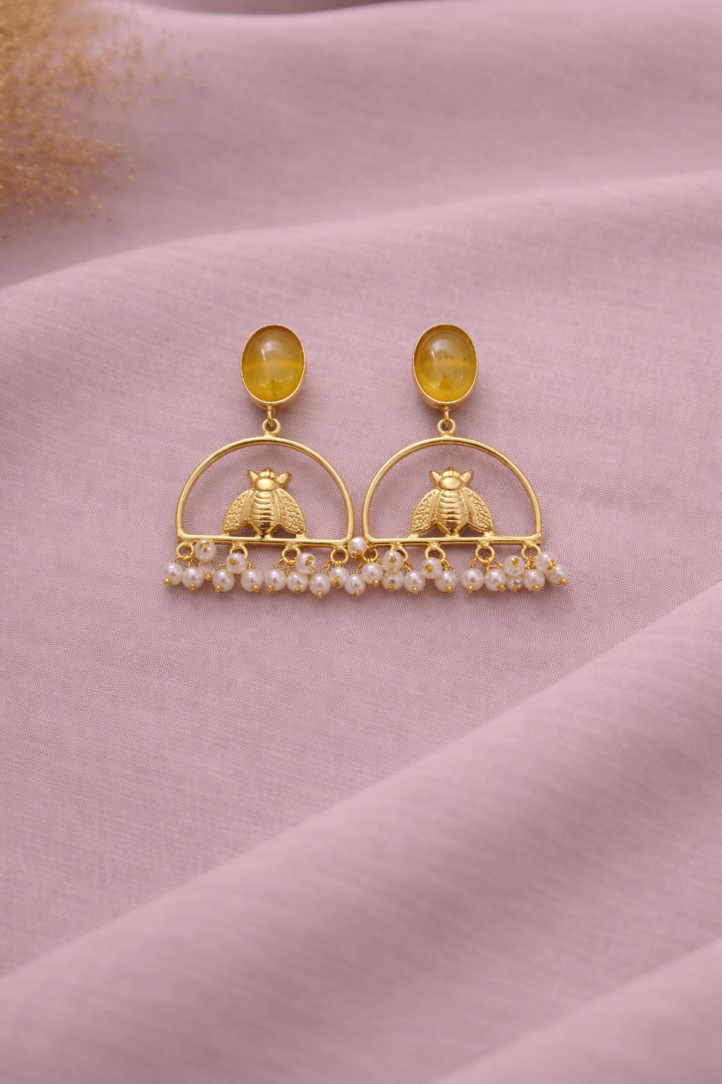 Golden Bee Pearl Drop Earrings