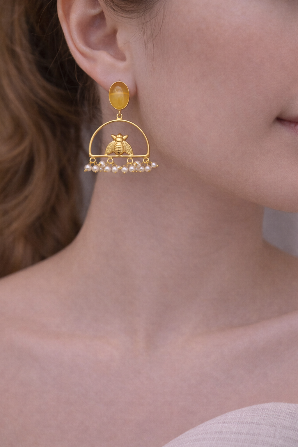 Golden Bee Pearl Drop Earrings
