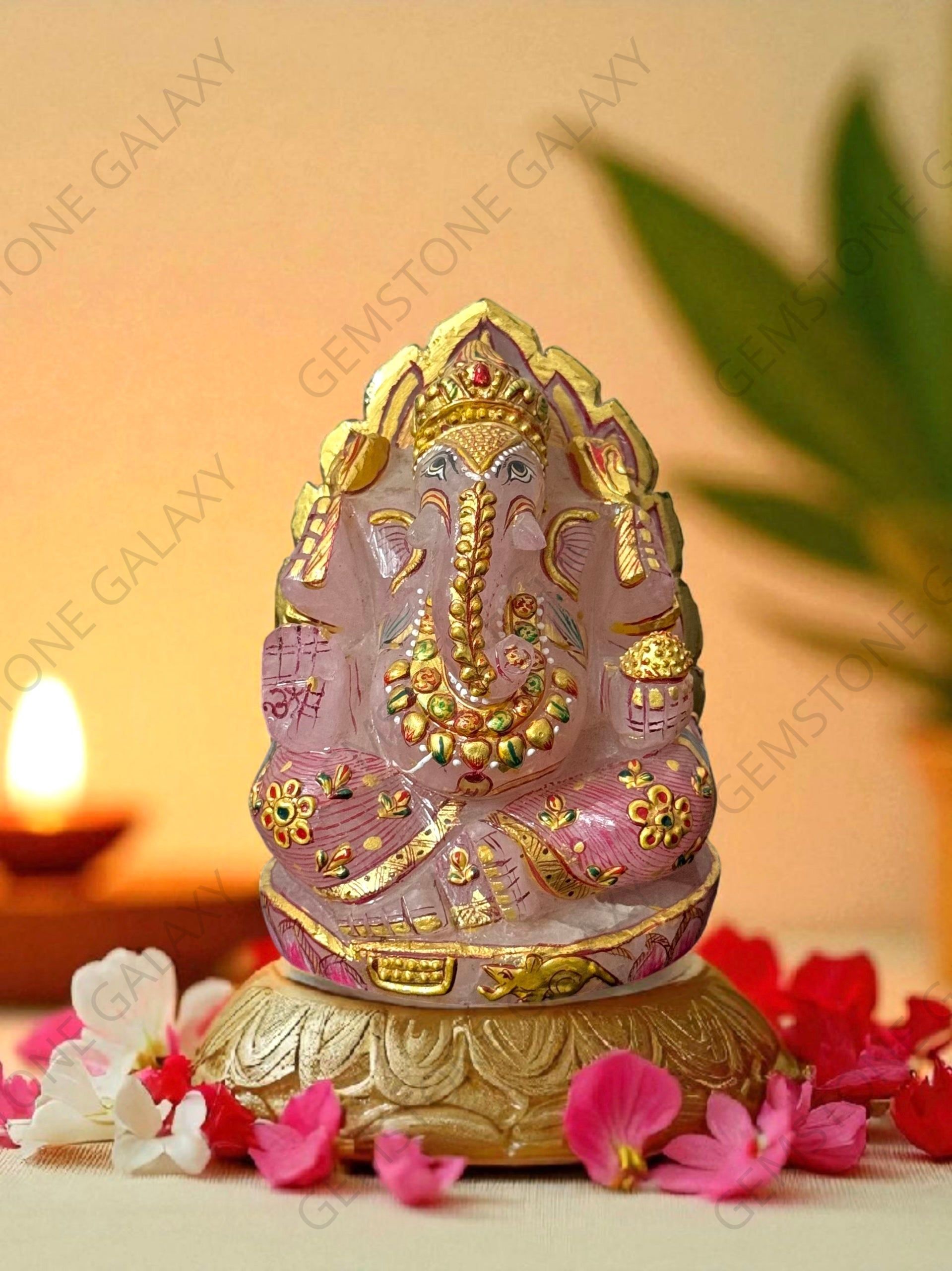 Hand-Painted Rose Quartz Ganesha Idol
