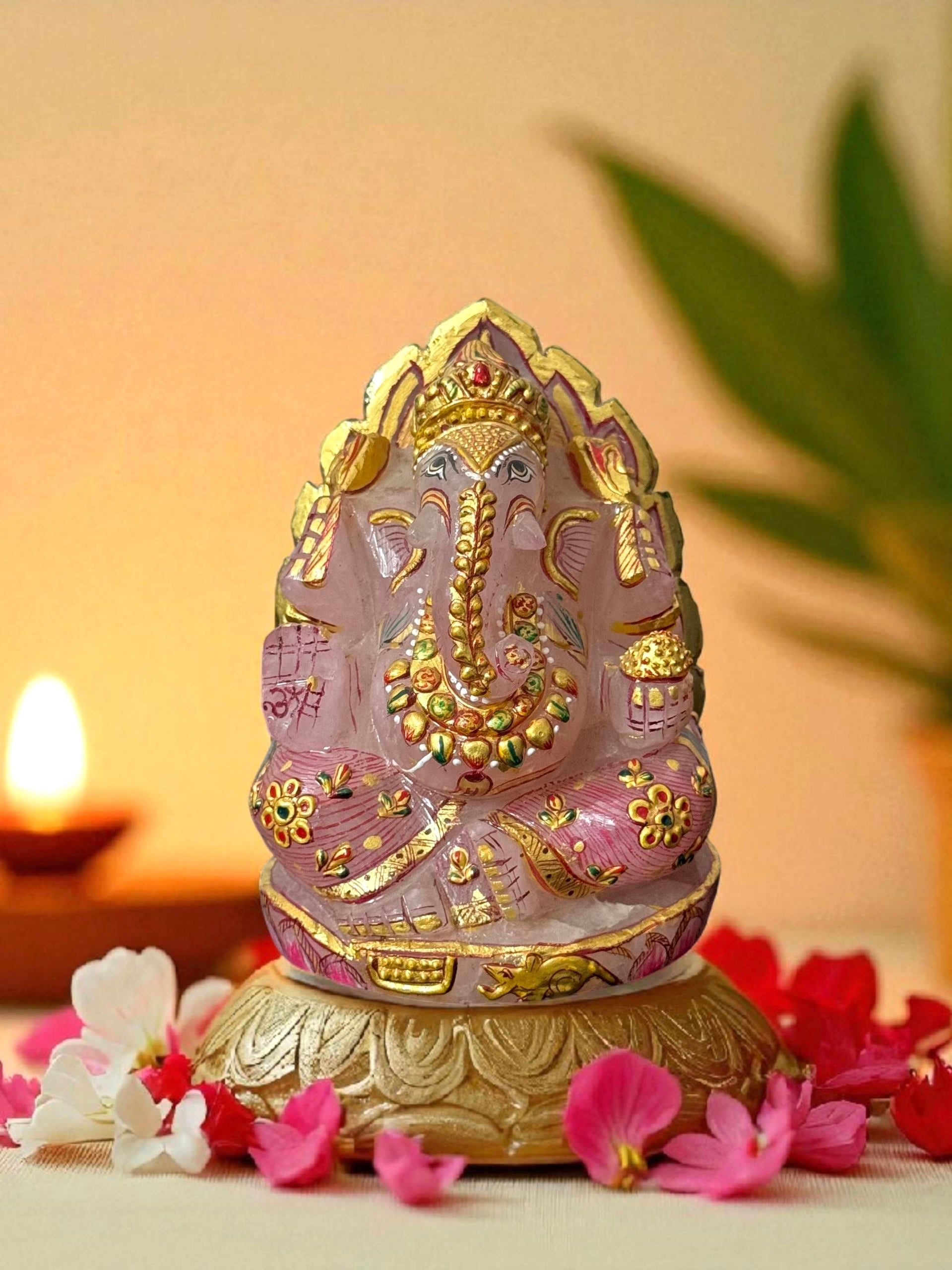 Hand-Painted Rose Quartz Ganesha Idol
