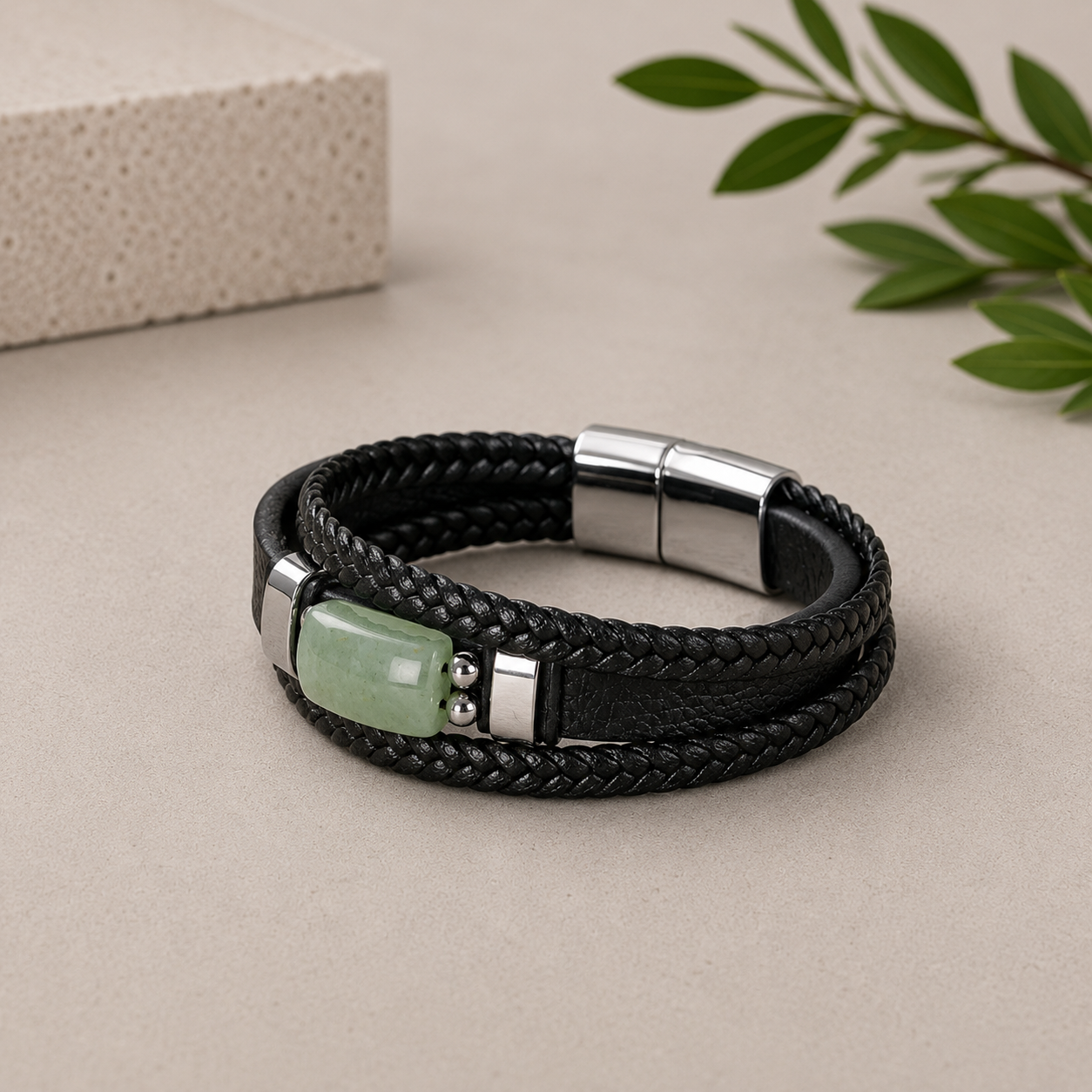 Green Aventurine Leather Bracelet
