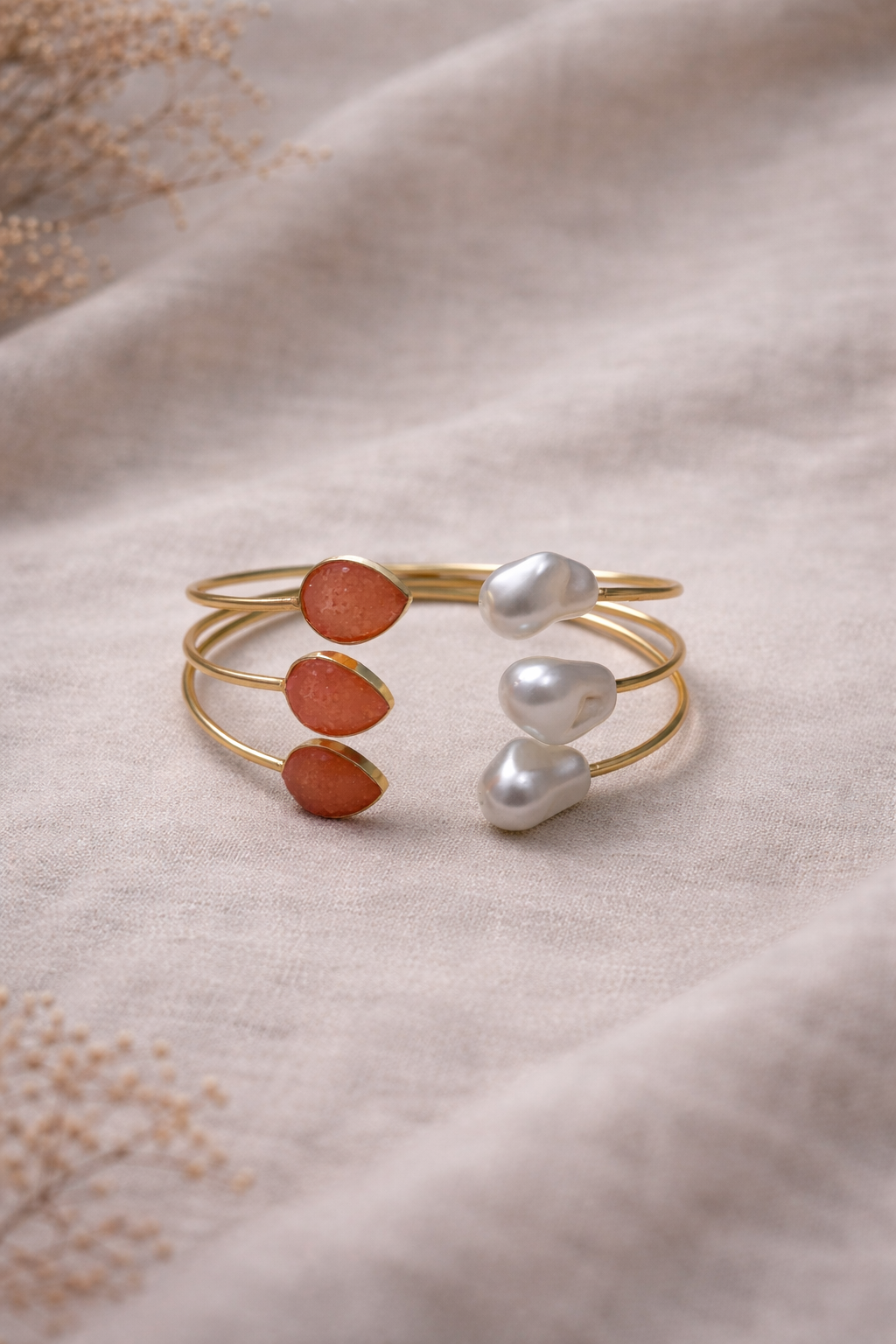 Harmony Glow Pearl & Peach Cuff Bracelet