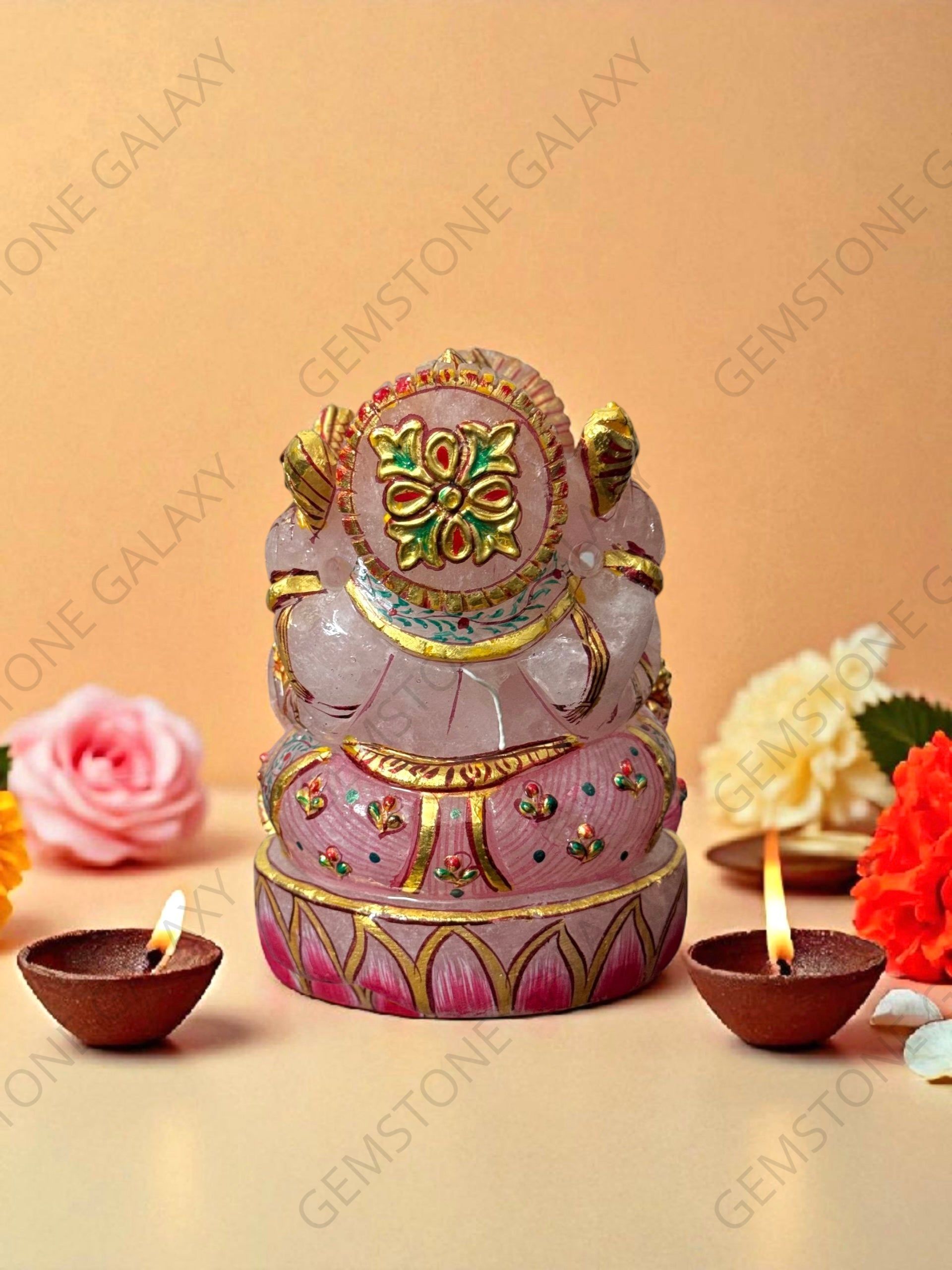 Hand-Painted Rose Quartz Ganesha Idol