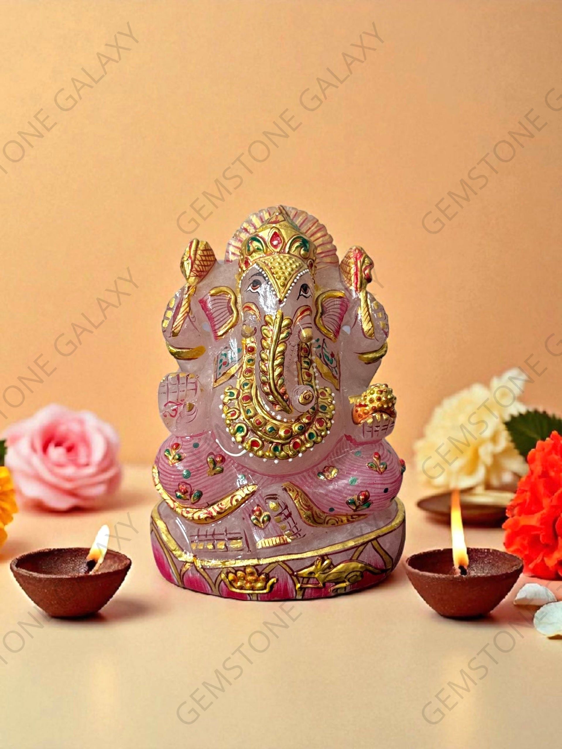 Hand-Painted Rose Quartz Ganesha Idol