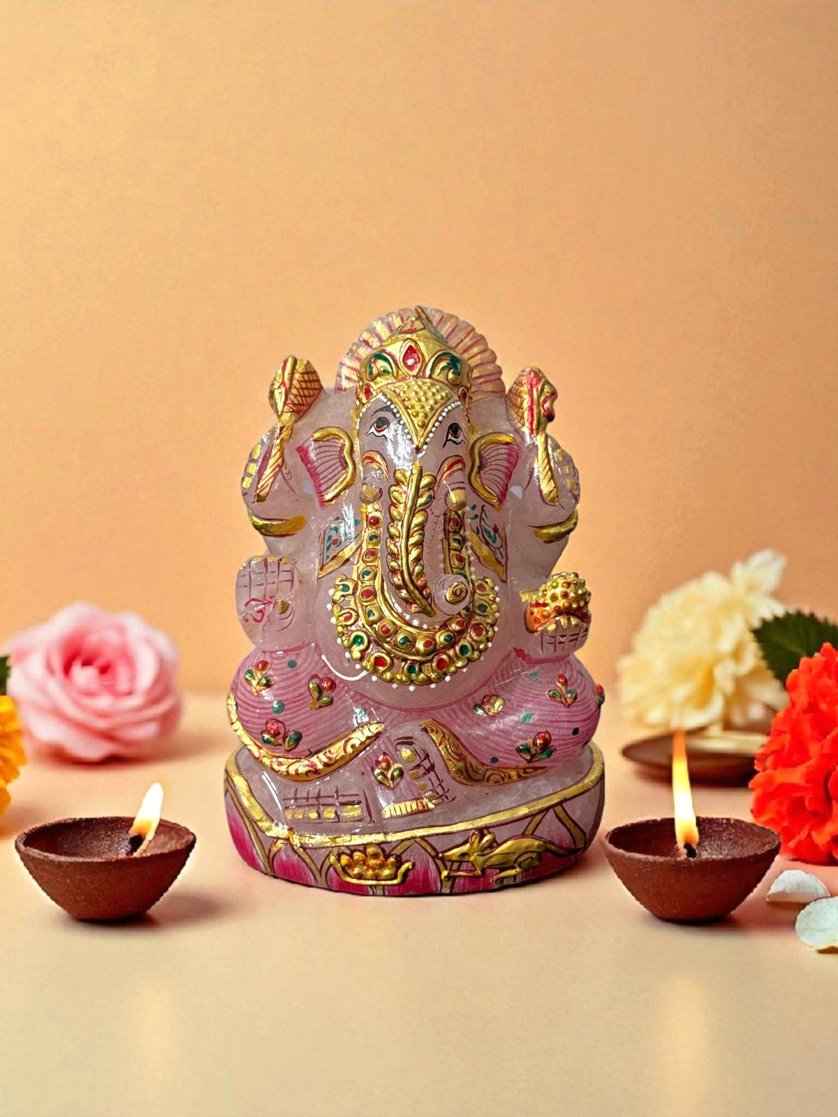 Hand-Painted Rose Quartz Ganesha Idol