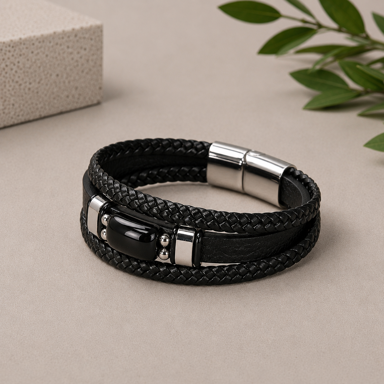 Black Obsidian Leather Bracelet