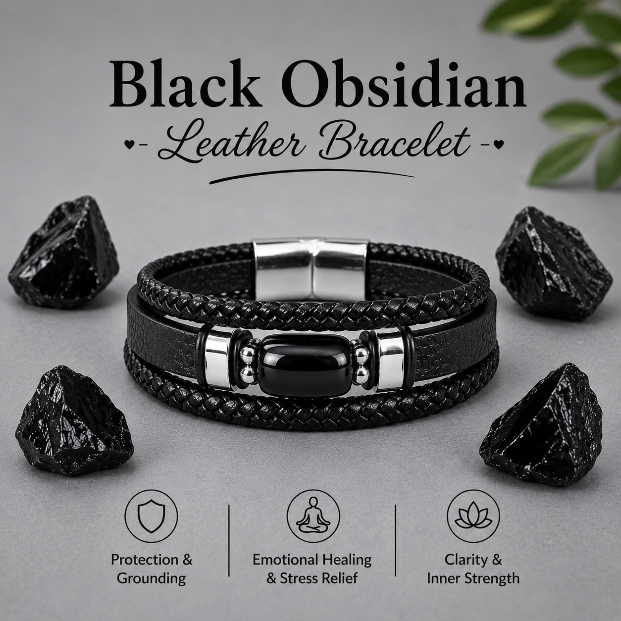 Black Obsidian Leather Bracelet