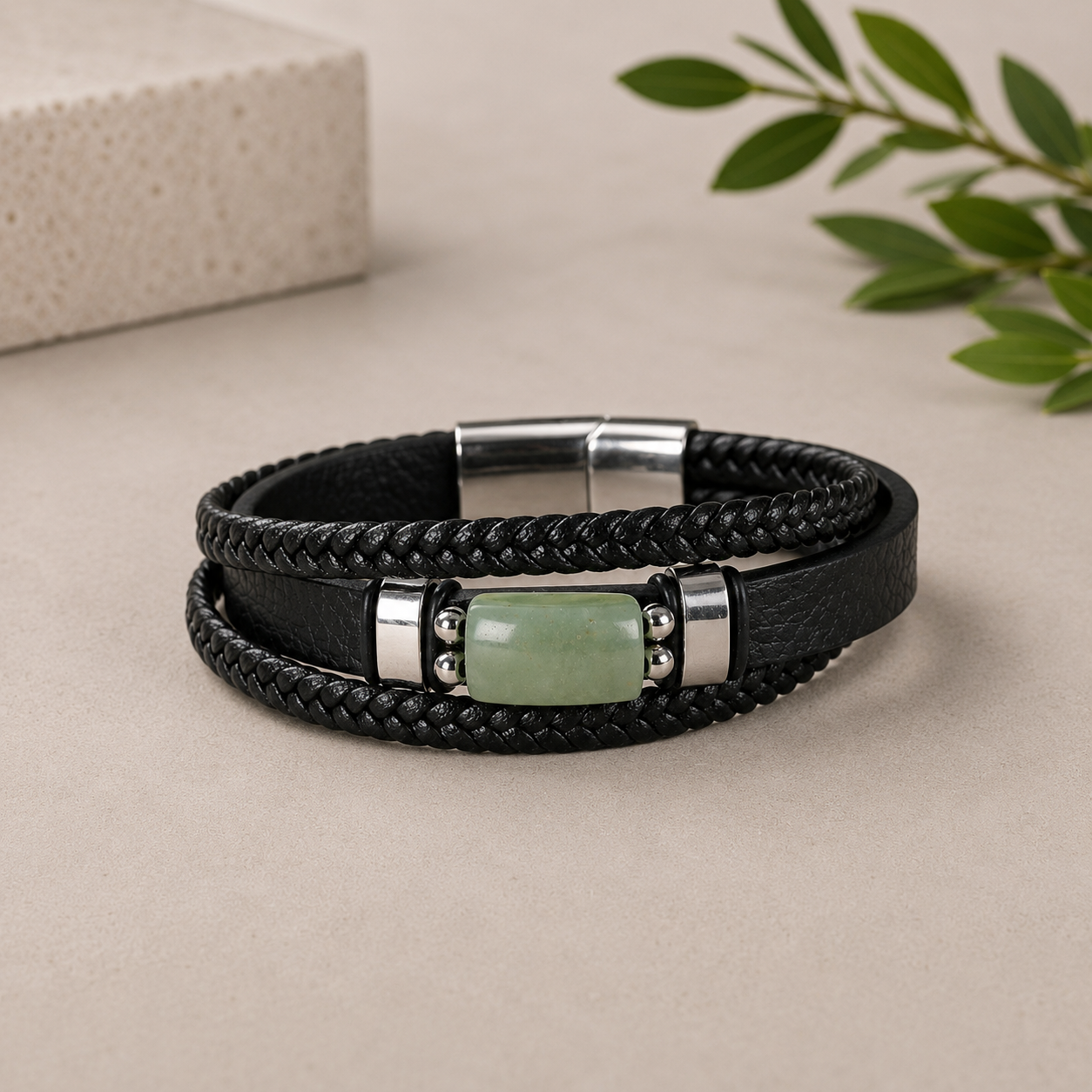 Green Aventurine Leather Bracelet
