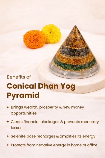 Conical Dhan Yog Pyramid With Selenite Base
