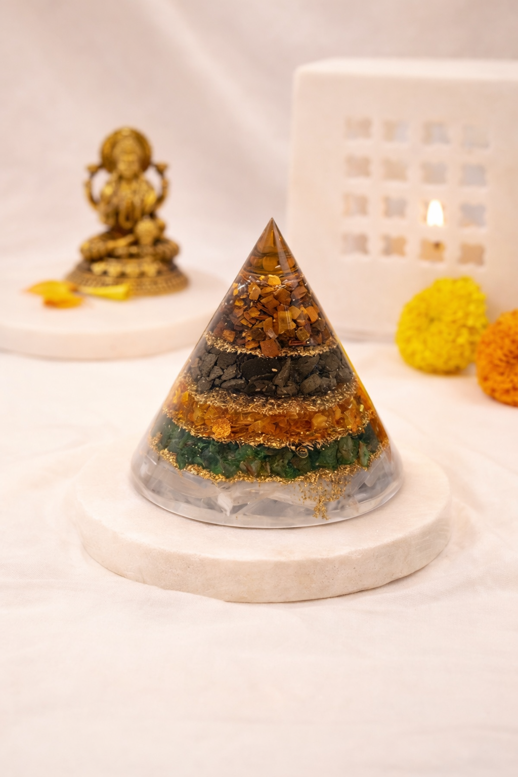 Conical Dhan Yog Pyramid With Selenite Base