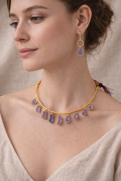 Mystic Raw Amethyst Stone Necklace & Earring Set