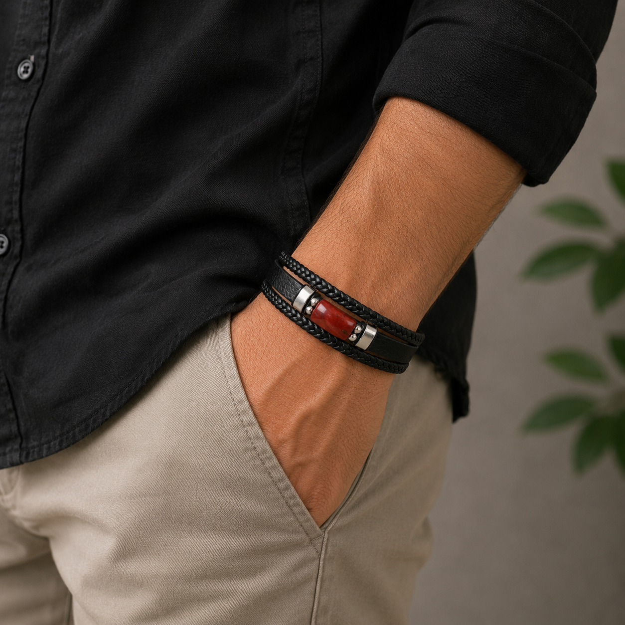 Red Jasper Leather Bracelet