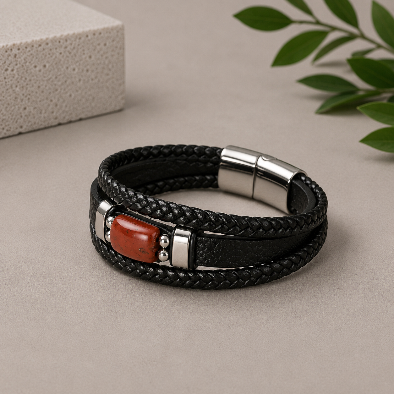 Red Jasper Leather Bracelet
