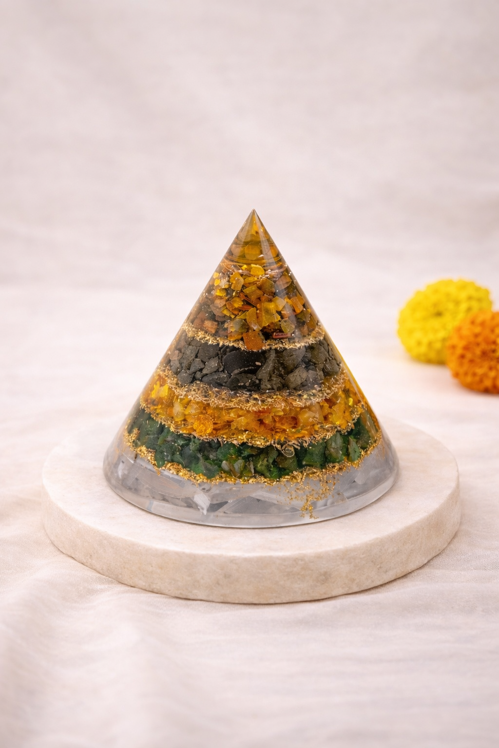 Conical Dhan Yog Pyramid With Selenite Base