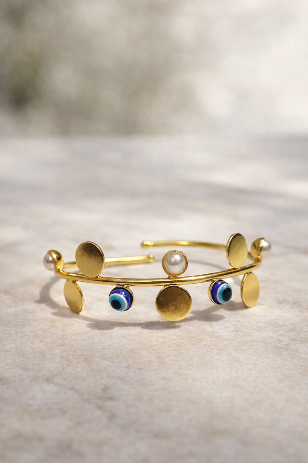 Evil Eye & Pearl Disc Cuff Bracelet