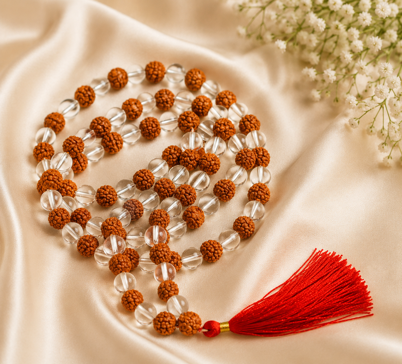 Rudraksha & Clear Quartz Mala