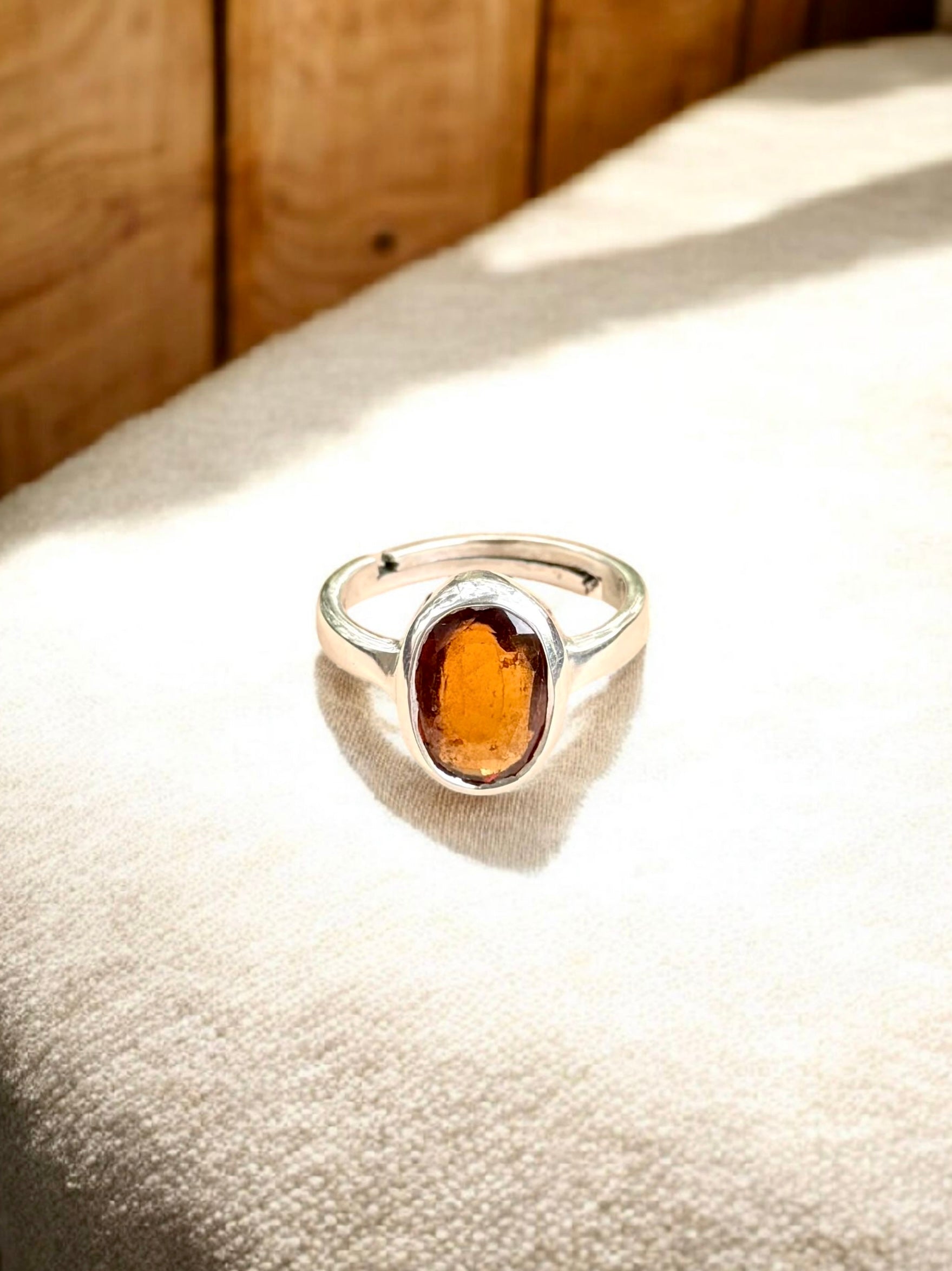 Hessonite (Gomed) Silver Adjustable Ring