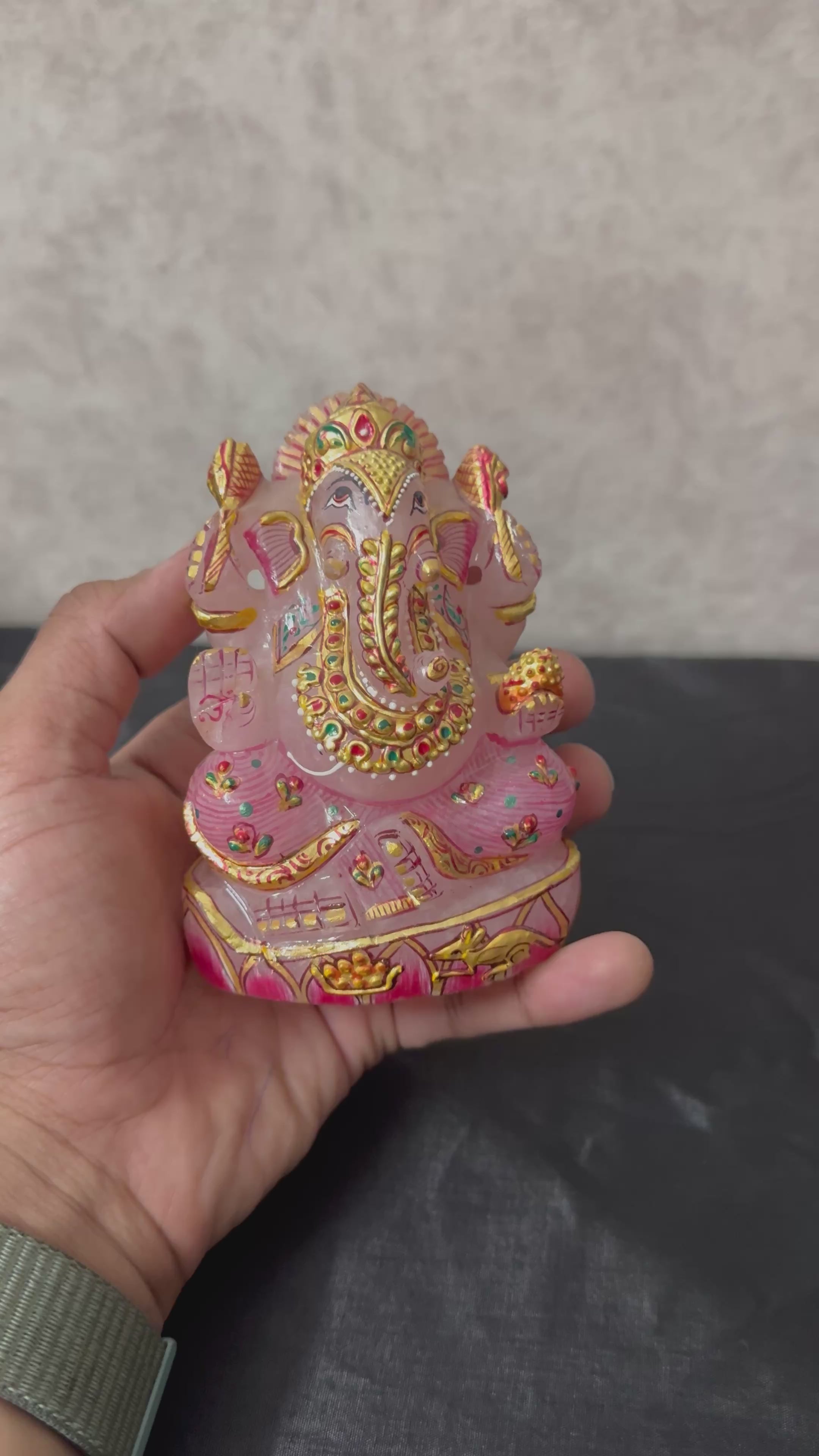 Hand-Painted Rose Quartz Ganesha Idol