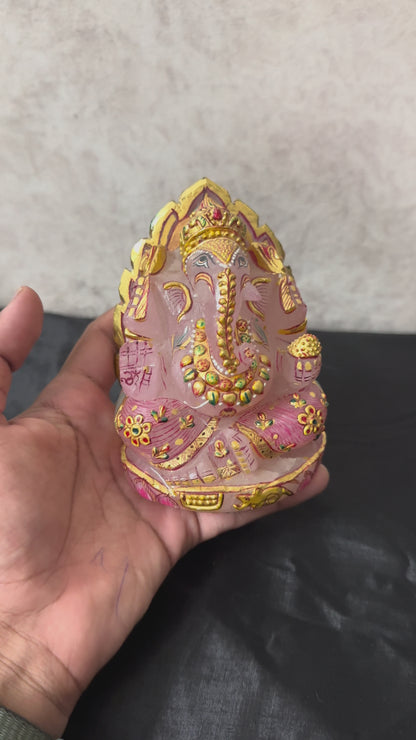 Hand-Painted Rose Quartz Ganesha Idol
